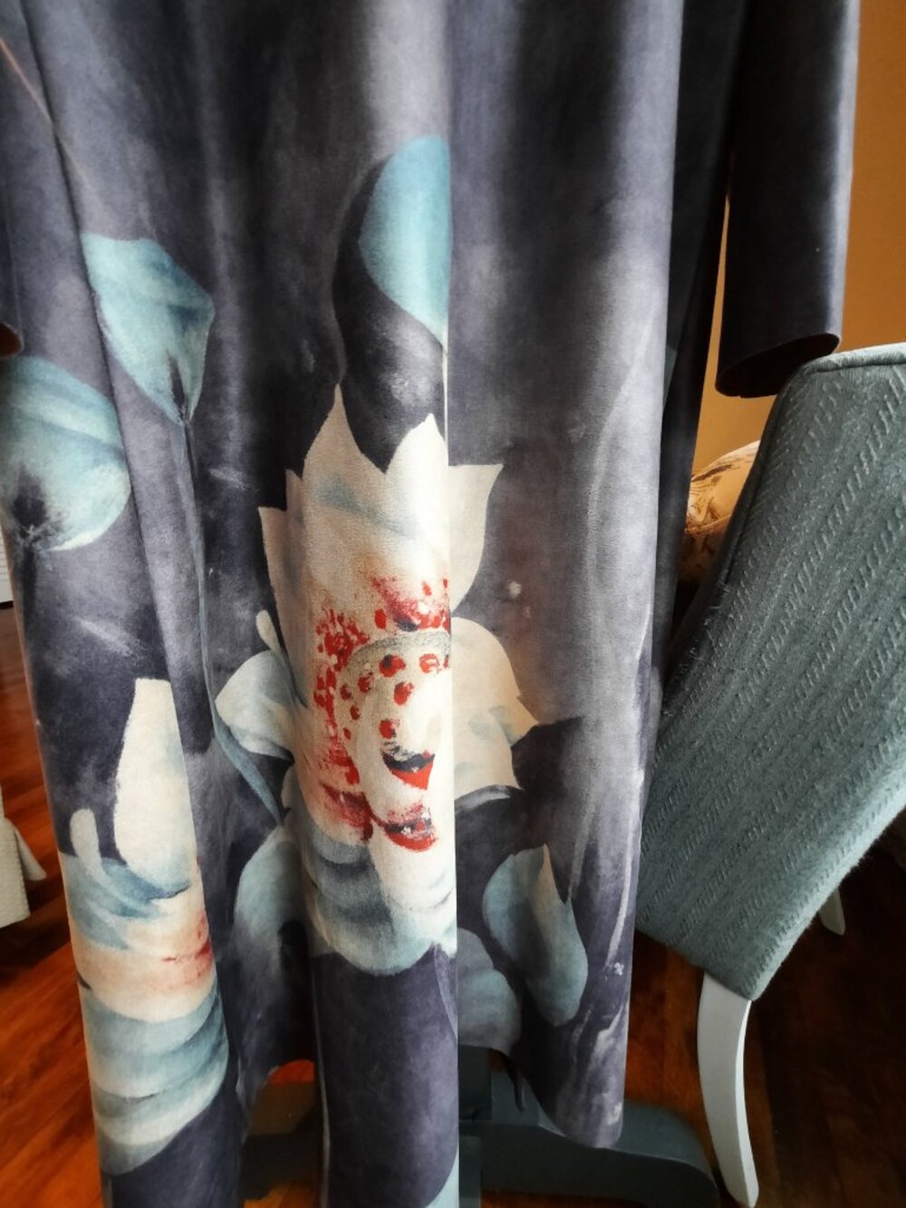 Long duster faux suede coat, statement floral print, soft lavender gray - Picture 8 of 9